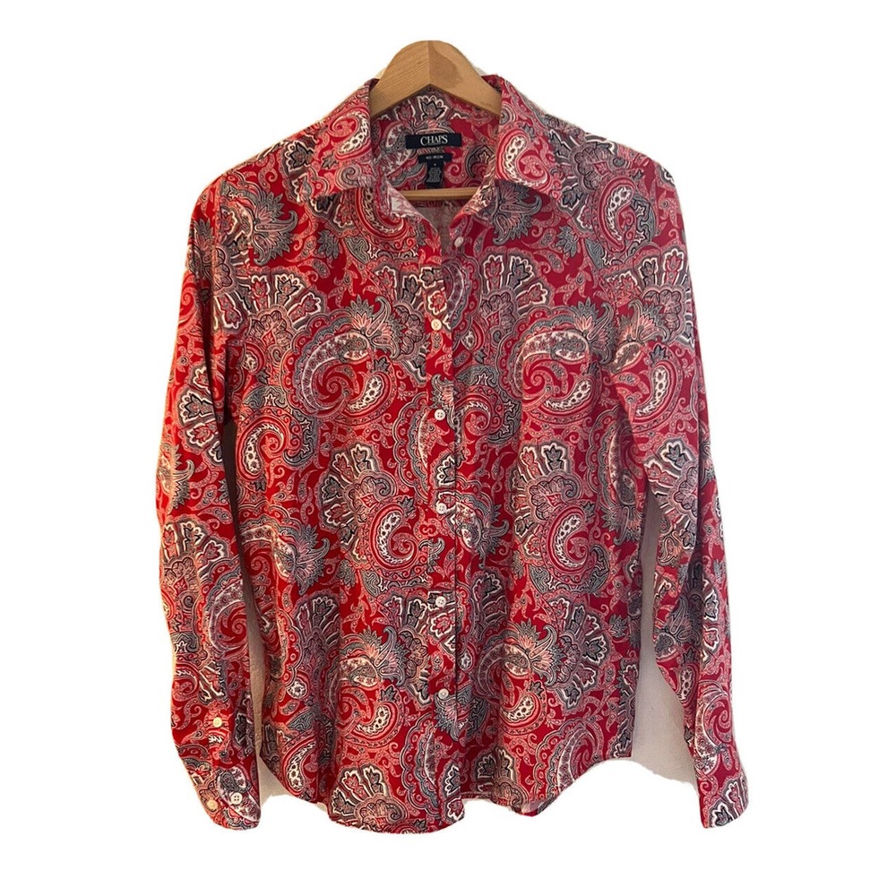 Chaps Womens Size M No Iron Red PAISLEY Button Up Shirt